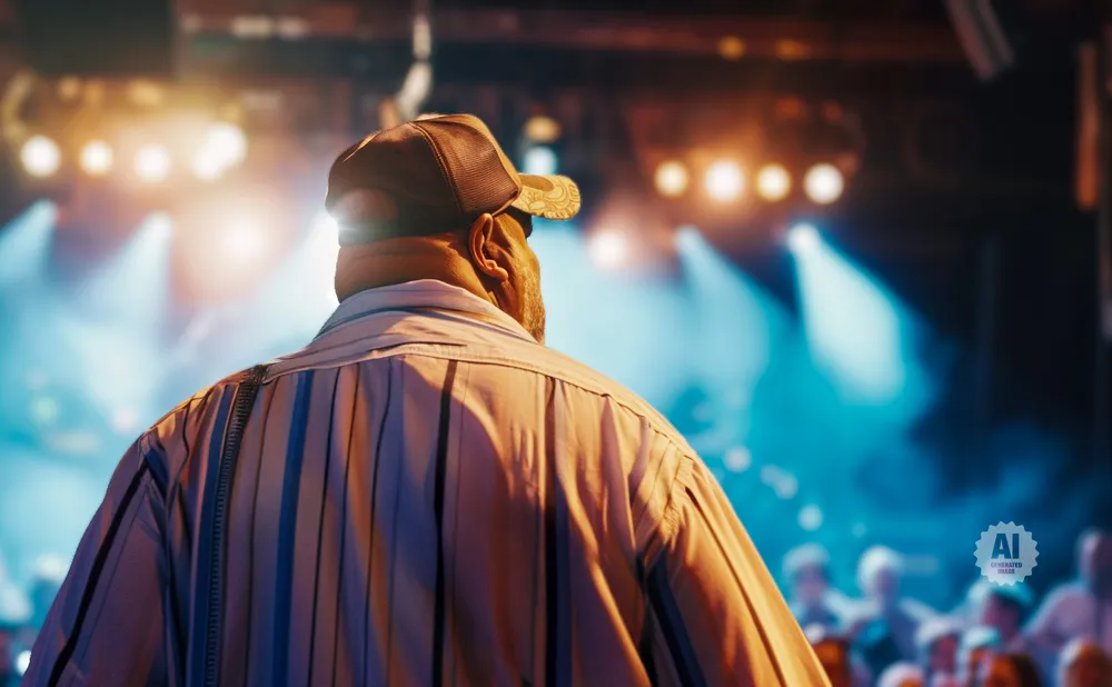 A man wearing a cap and striped shirt stands with his back to the camera at a dimly lit concert venue.