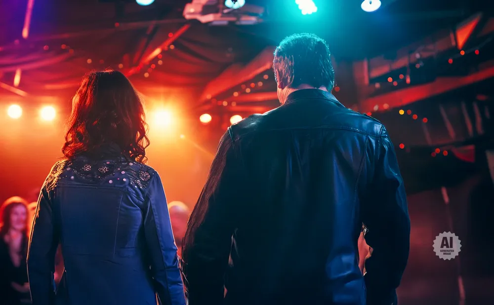 Man and woman in leather jackets on stage with vibrant lights and blurred audience.