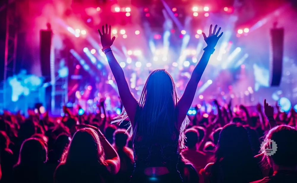 A woman with her arms raised cheers at a vibrant, brightly lit concert.