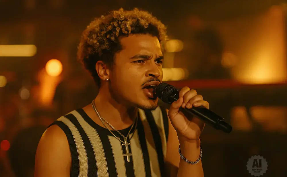 A young Black man with curly hair sings into a microphone.