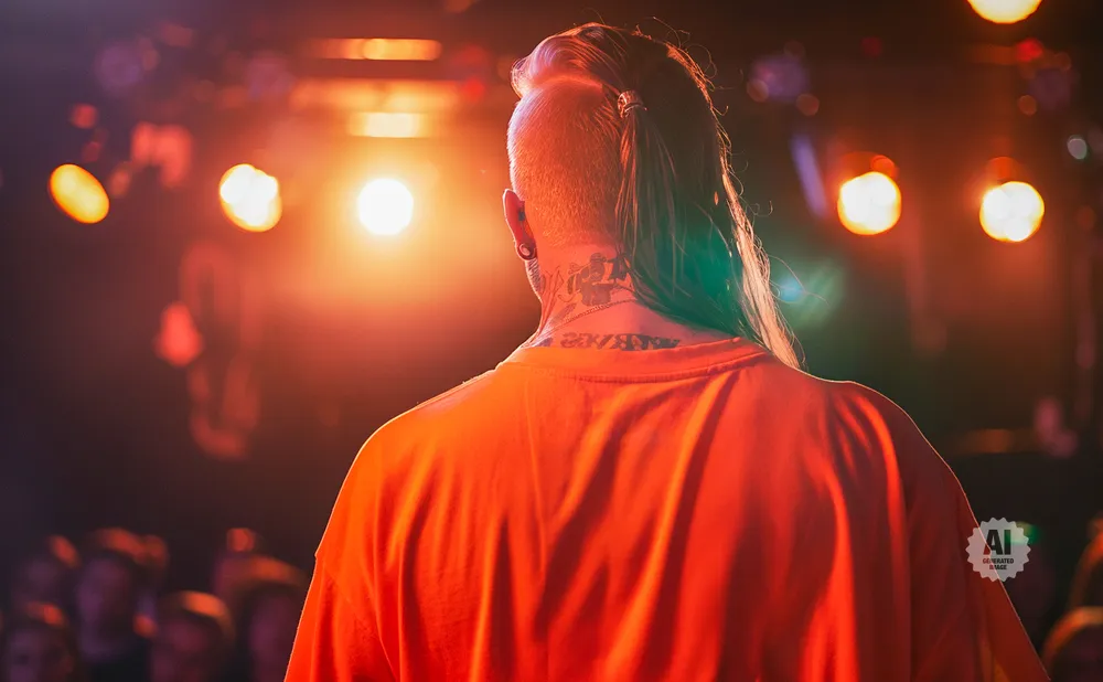 Man with undercut and ponytail wearing an orange shirt, facing away from the camera, with stage lights behind him.