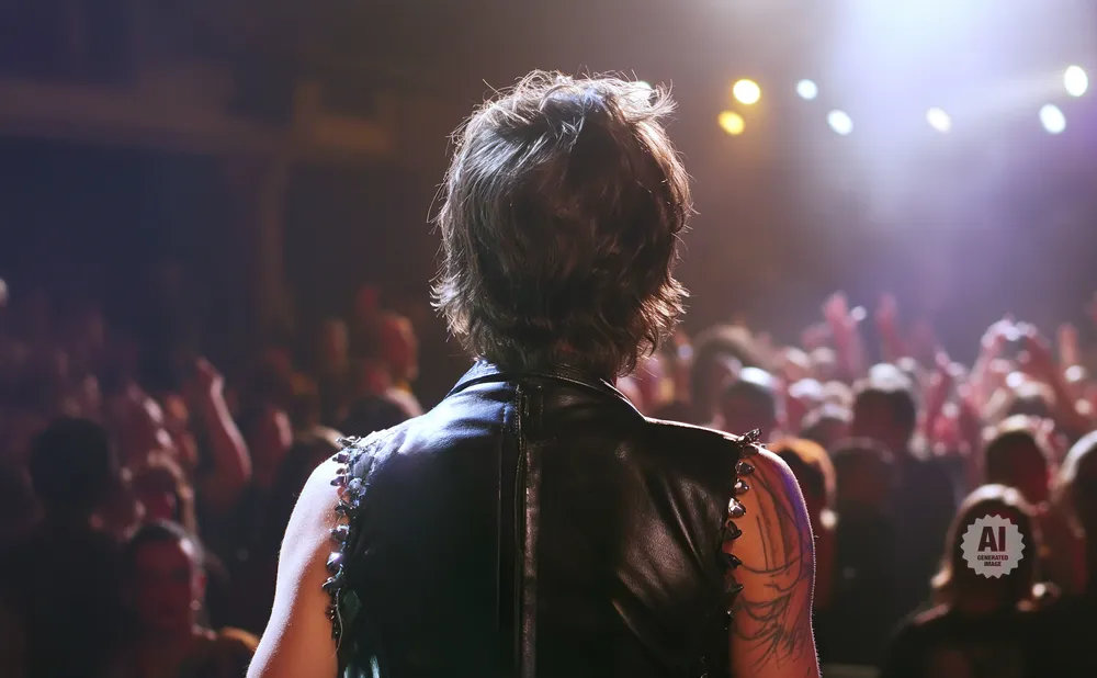 A person in a black leather vest with spikes on the shoulders stands facing a cheering crowd under stage lights.