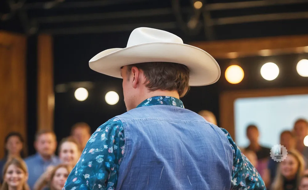 Man in a cowboy hat and patterned shirt faces away from camera in front of a blurred audience and lights.