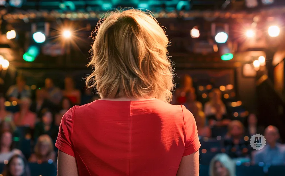 Woman in red dress facing audience, illuminated by stage lights.