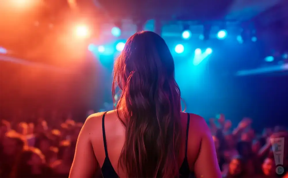 A woman with long, dark hair faces away from the camera on a stage, with a blurred crowd and colorful lights behind her.