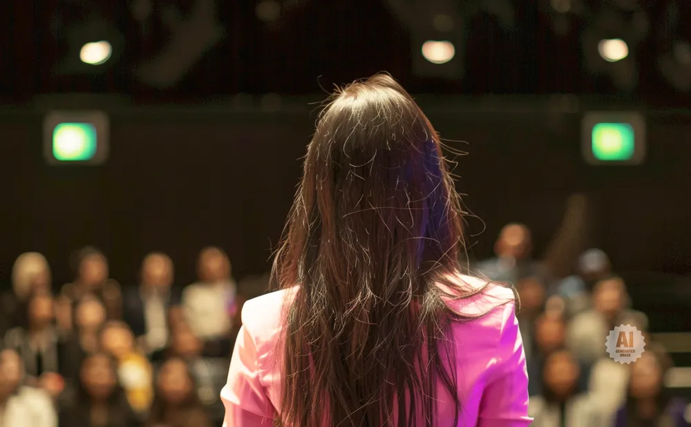 Woman in pink jacket facing away from camera, speaking to an audience in a dark room with green lights.