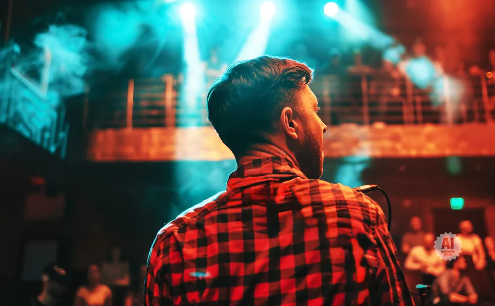 Man in a red plaid shirt on stage, illuminated by blue and orange lights, facing a crowd.