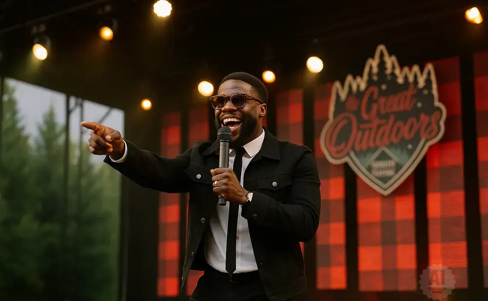 Comedian Kevin Hart points at the audience while holding a microphone and wearing a black jacket and sunglasses.