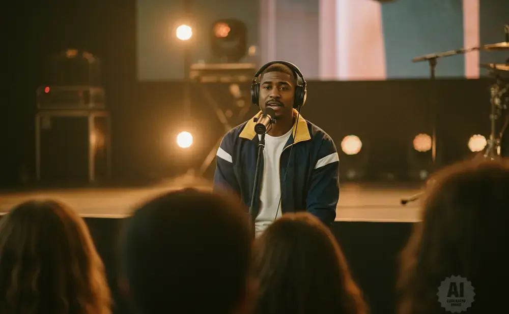 A man with headphones sings into a microphone on stage, with lights and a drum set in the background.