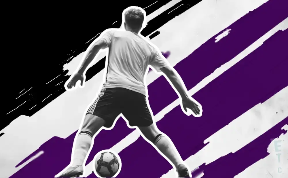 A soccer player in black and white, with purple and black abstract lines in the background.