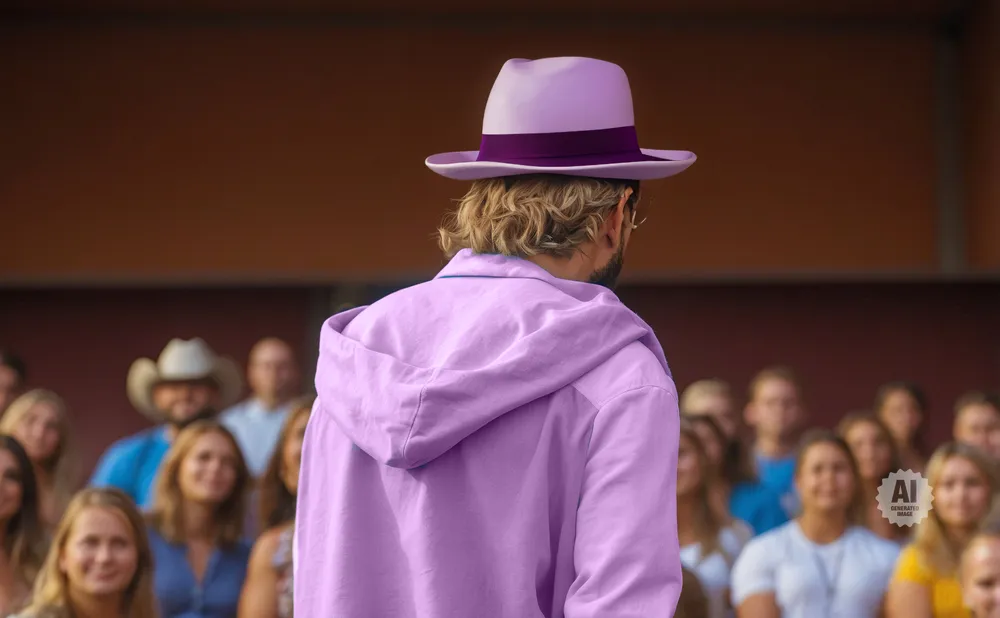 A person wearing a lavender hoodie and hat faces away from the camera, with a blurred audience behind them.