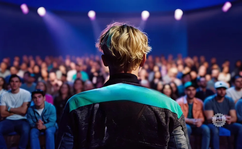 Person on stage faces a blurred audience under stage lights.