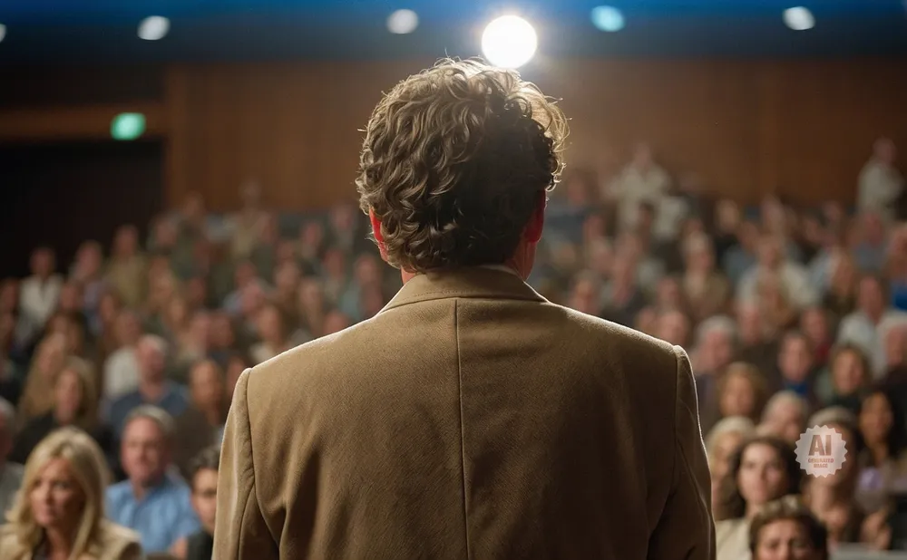 Man in tan jacket speaking to an audience from behind.