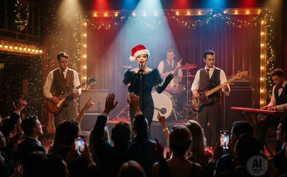 A singer in a Santa hat performs with a band on a stage decorated for Christmas, with an audience watching.