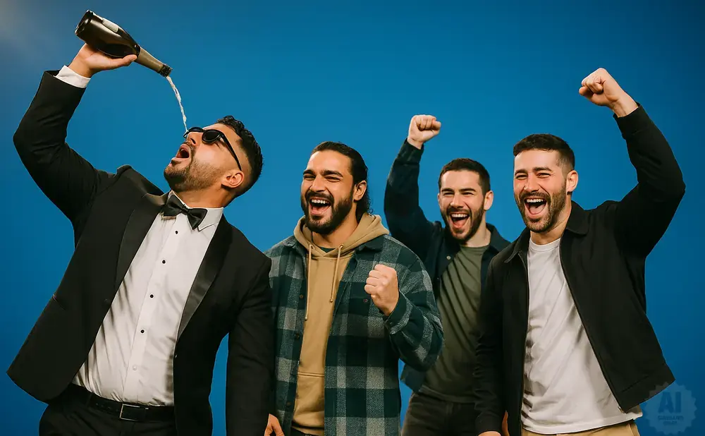 Four men celebrate with champagne and raised fists against a blue background.