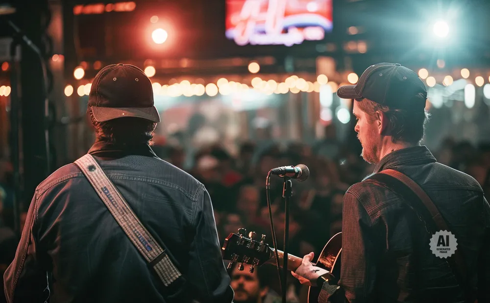 Two musicians with baseball caps play guitars on stage, facing away from the camera.