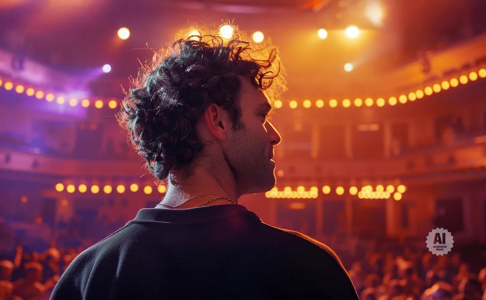 A man with curly hair is looking out at a crowd in a venue with string lights.