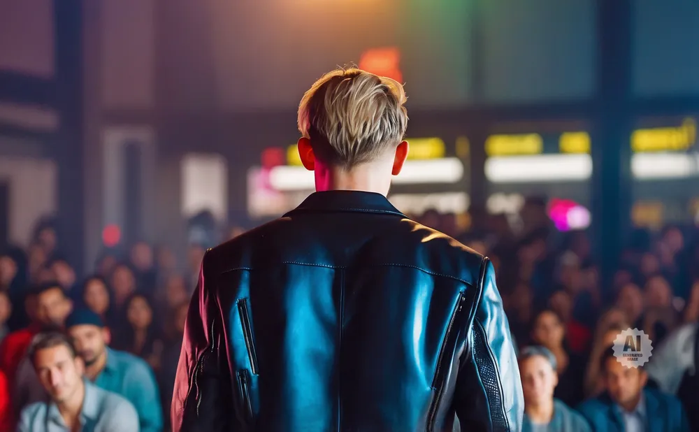 Back view of a man with blond hair in a black leather jacket, facing a blurred audience.