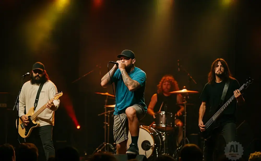 A band performs on stage with a lead singer, guitarist, and bassist.
