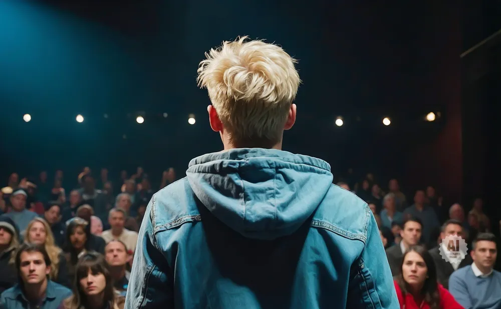 Man with blond hair in a denim jacket facing an audience in a dimly lit room.