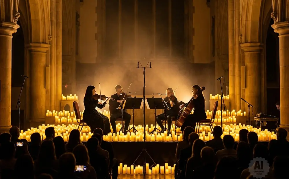 Four musicians play string instruments in a candlelit hall.