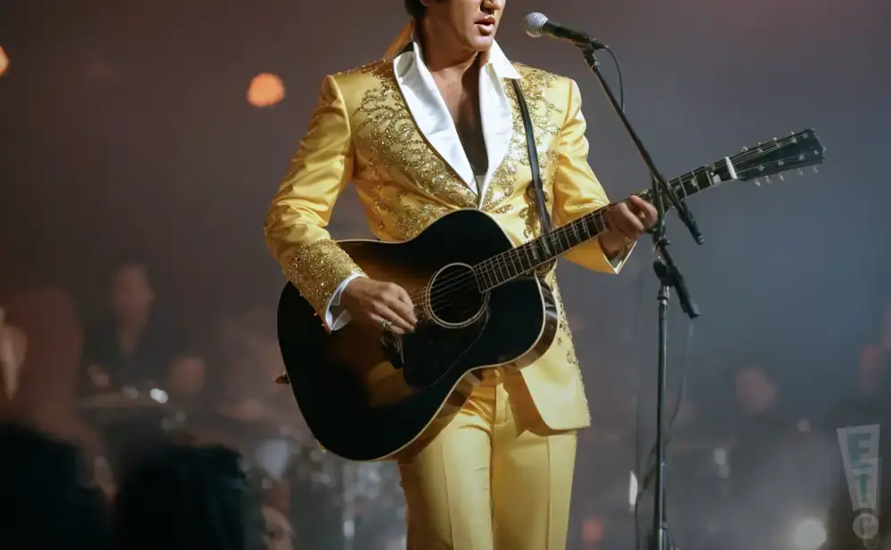 A performer in a gold sequined suit plays an acoustic guitar on stage.
