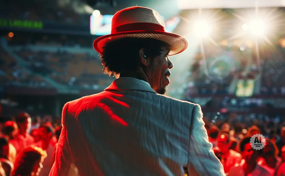 Man in a fedora and light suit on stage, with bright lights and a crowd in the background.