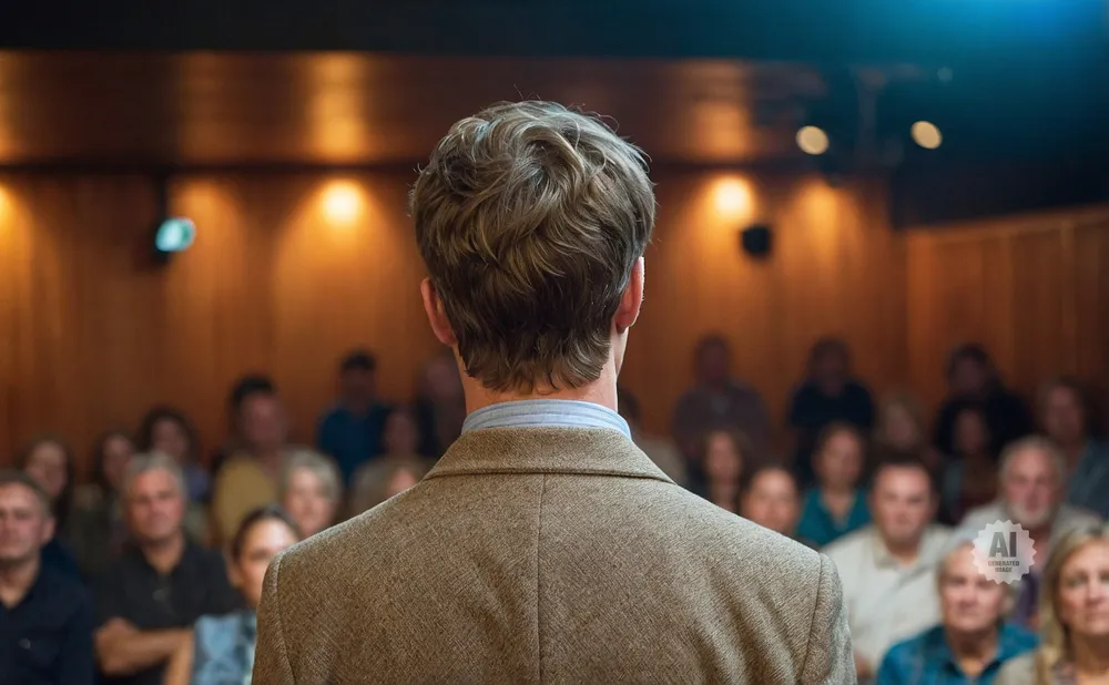 A speaker faces an audience from behind, with the focus on the back of his head and shoulders.