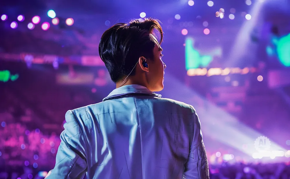 A person in a light-colored jacket is facing away from the camera, looking towards a stage lit with purple and green lights.