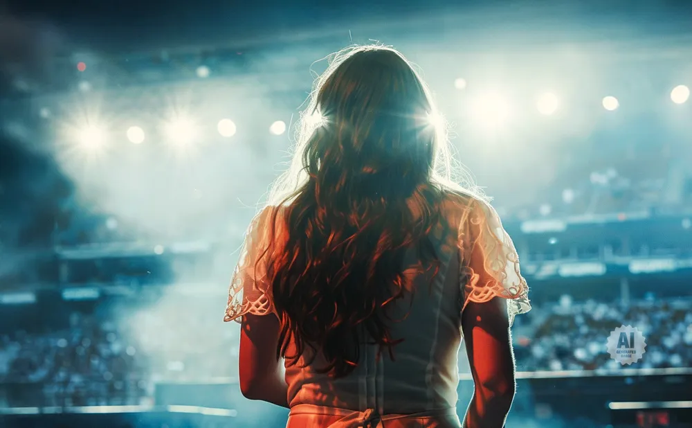 Singer on stage bathed in bright lights, facing a cheering audience.