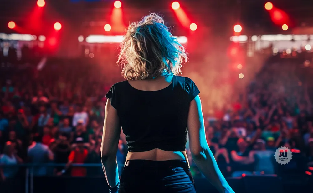 Back view of a woman with blonde hair on stage, with a blurred crowd in the background and red stage lights.