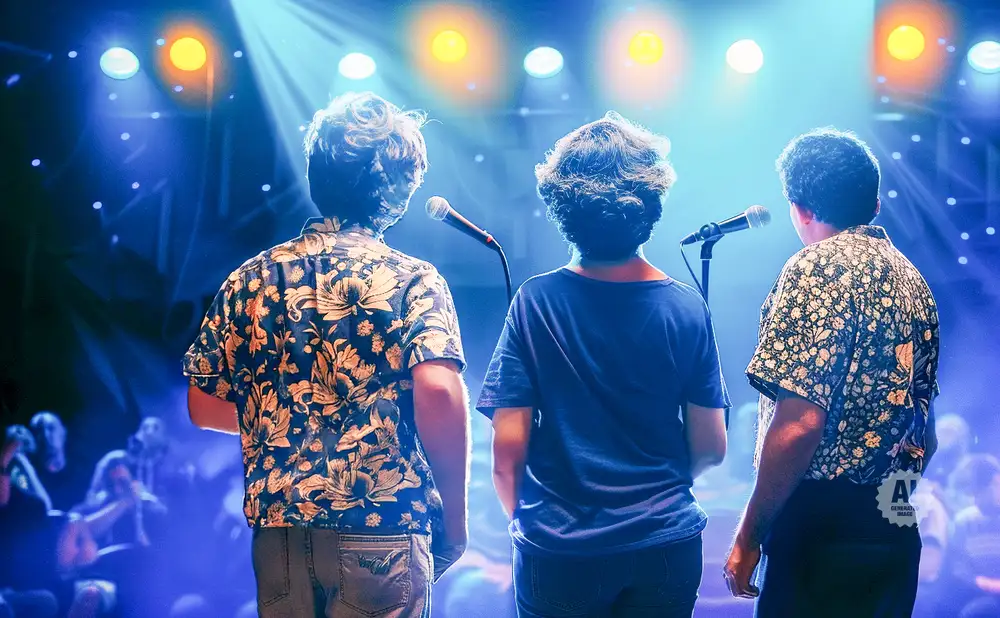 Three men on stage with microphones, backlit by blue and yellow lights, facing an audience.