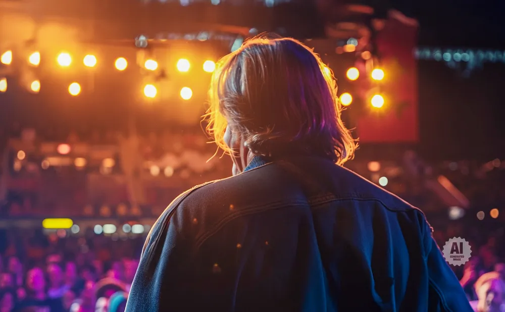 A person with long hair wearing a denim jacket faces a brightly lit stage at a concert.