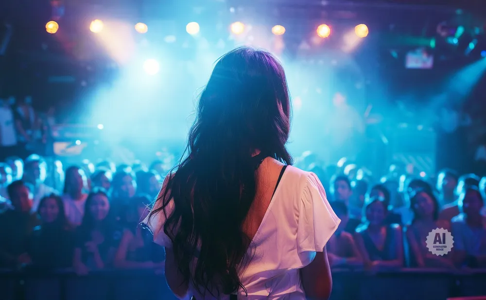 Woman with long dark hair on stage performs for a cheering crowd under blue and yellow stage lights.