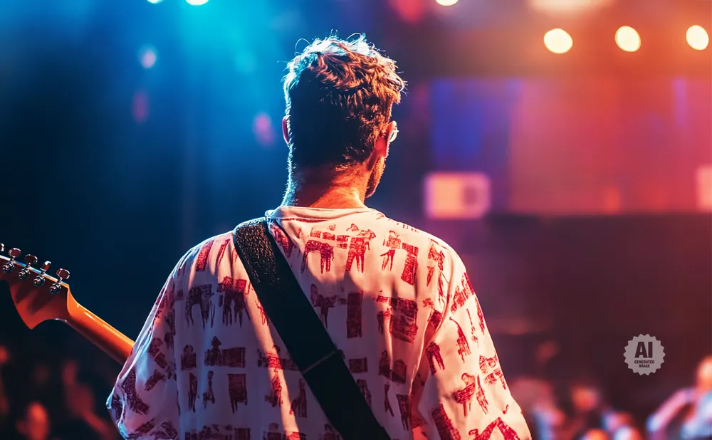 Guitarist on stage wearing a white shirt with red patterns, illuminated by blue and red stage lights.