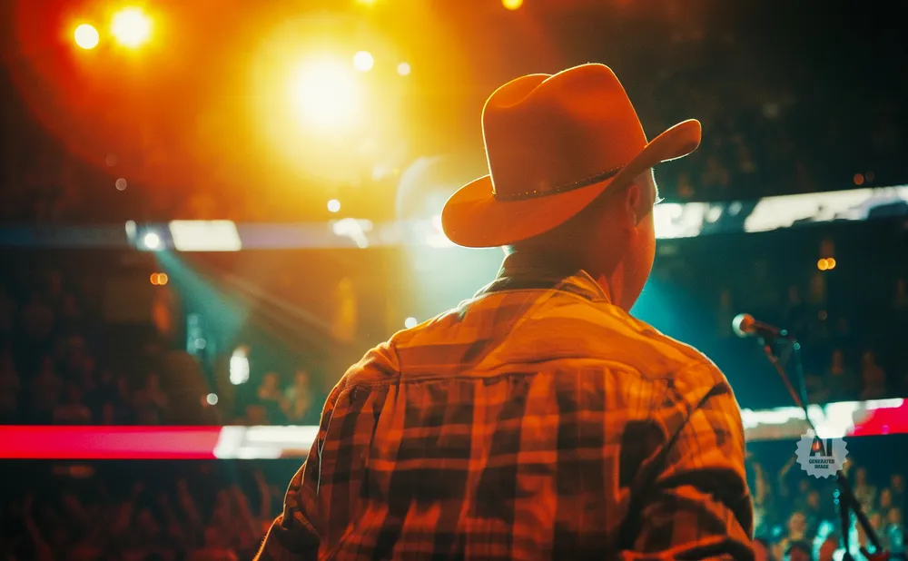 Man in a cowboy hat and plaid shirt on stage with bright lights and an audience.