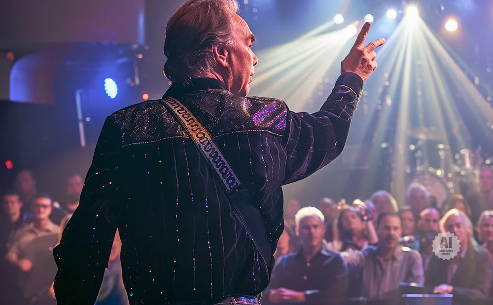Musician on stage with a sparkly jacket and hand raised, facing a crowd.
