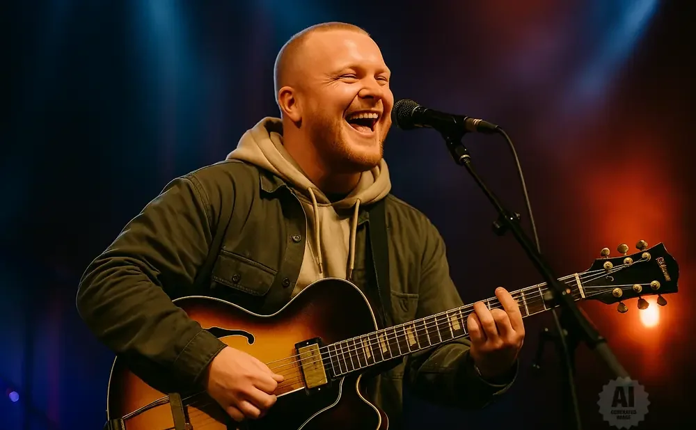 A bald man with a beard laughs while playing a guitar and singing into a microphone on stage.