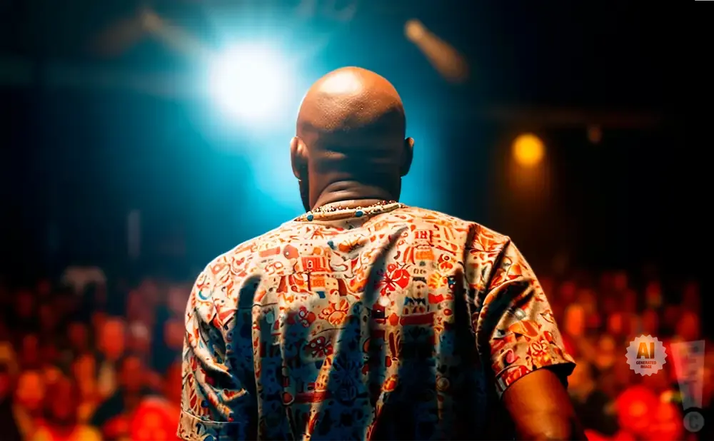 A bald man in a colorful patterned shirt stands on stage, facing away from the camera, under a bright spotlight.