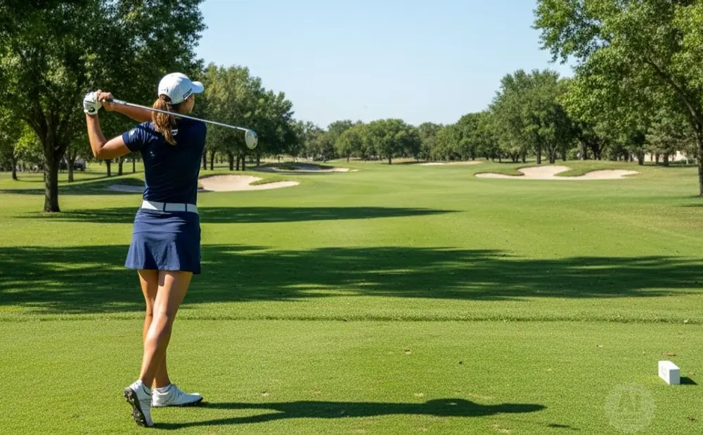 Golfer in blue skirt and shirt swings club on a sunny golf course with sand traps and trees.