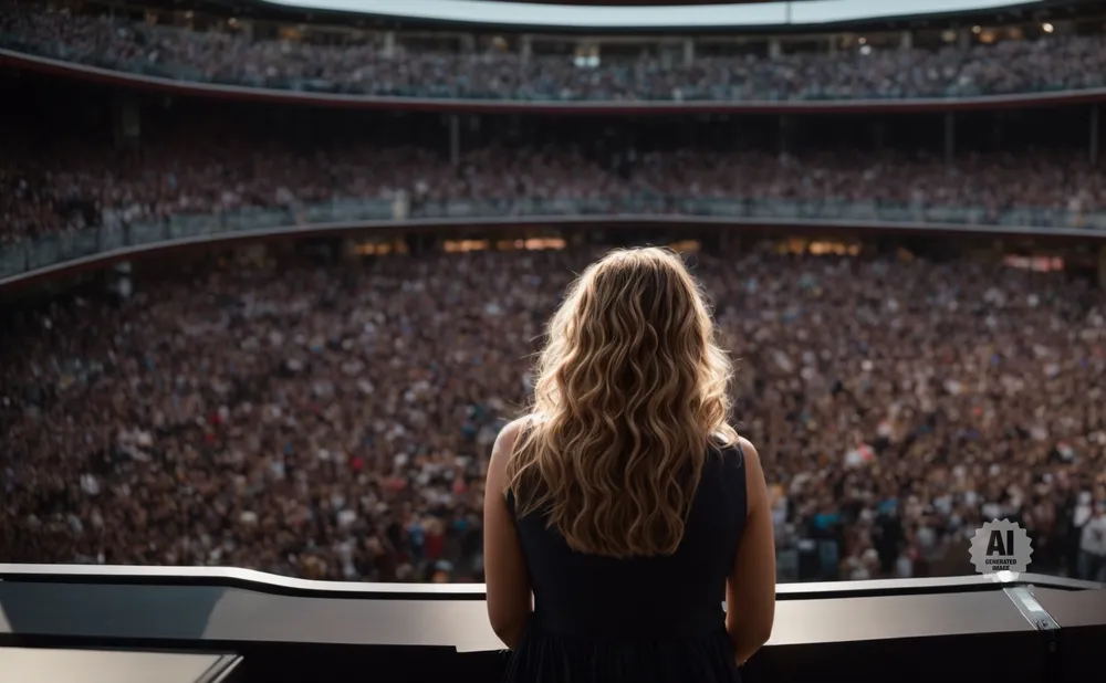 Woman with wavy blonde hair in a dark dress facing a packed stadium crowd.