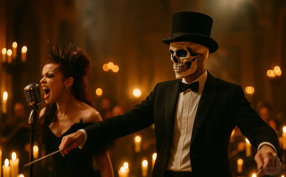 A person in a skeleton mask and top hat stands by a singer in a black dress and spiky crown, surrounded by flickering candles.