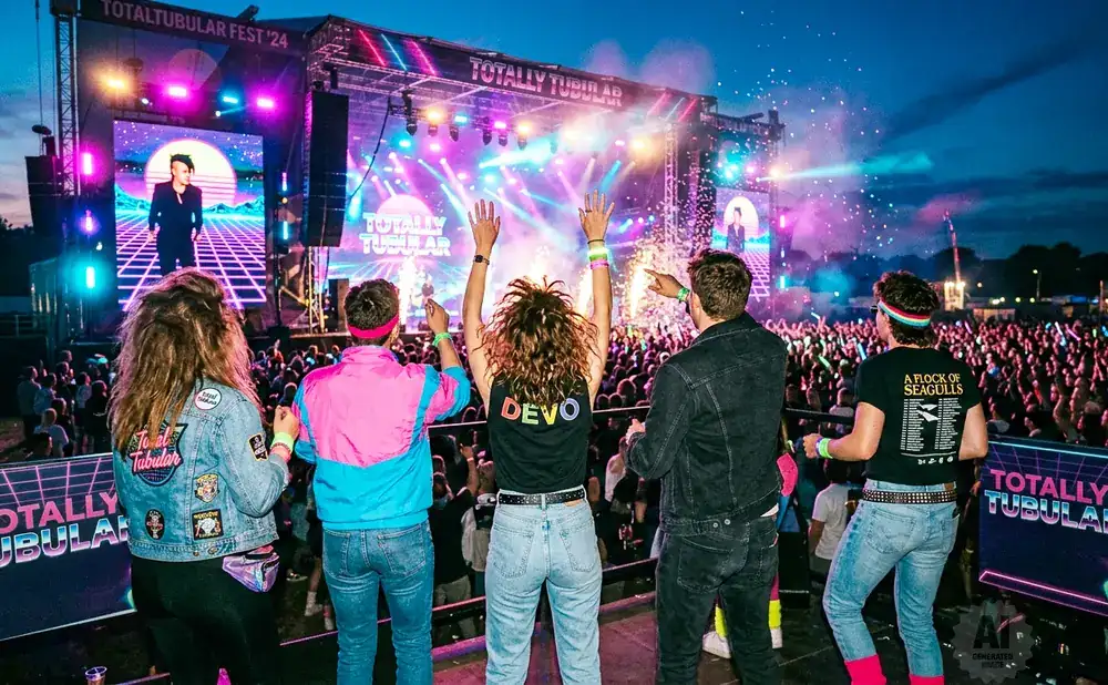 A lively concert crowd at the Totally Tubular Fest, with a performer on a large screen and confetti in the air.