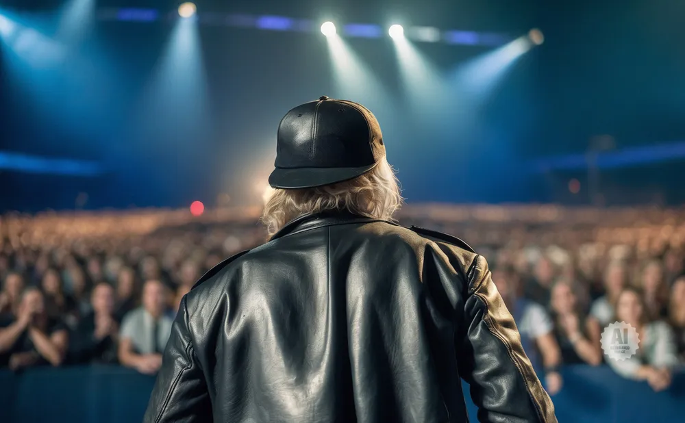 Person in a black leather jacket and cap on stage, facing a large crowd.