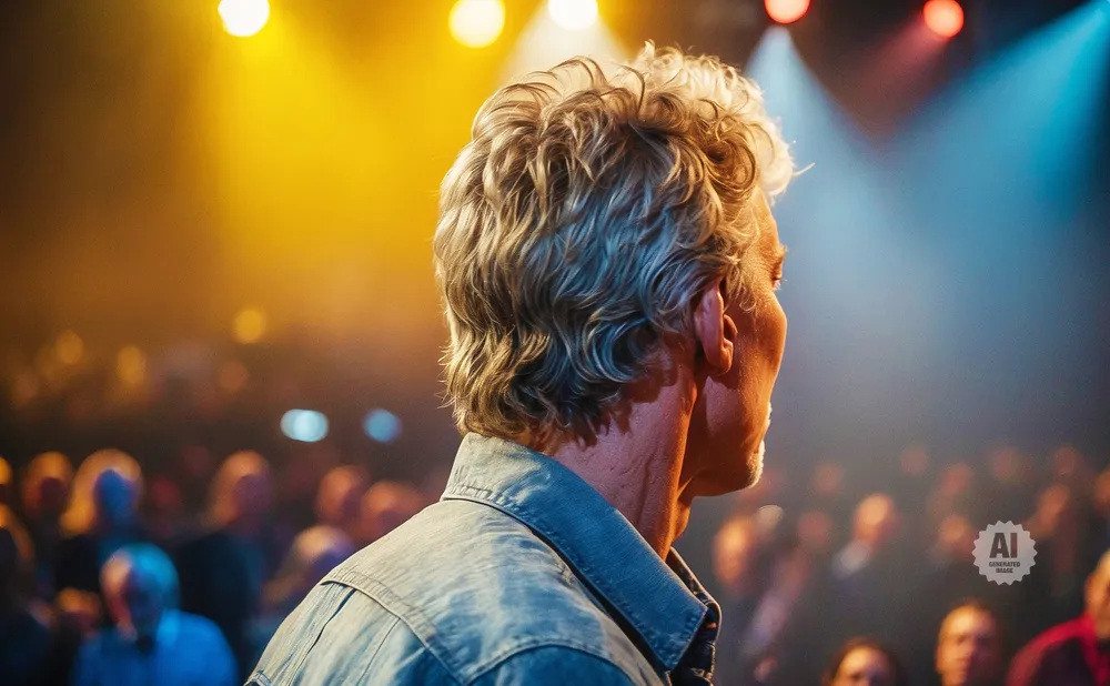Man with curly hair in denim shirt facing away from camera, audience and stage lights in background.