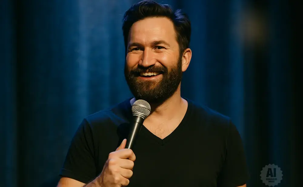 A smiling man with a beard holds a microphone while wearing a black V-neck shirt, with a blue curtain in the background.