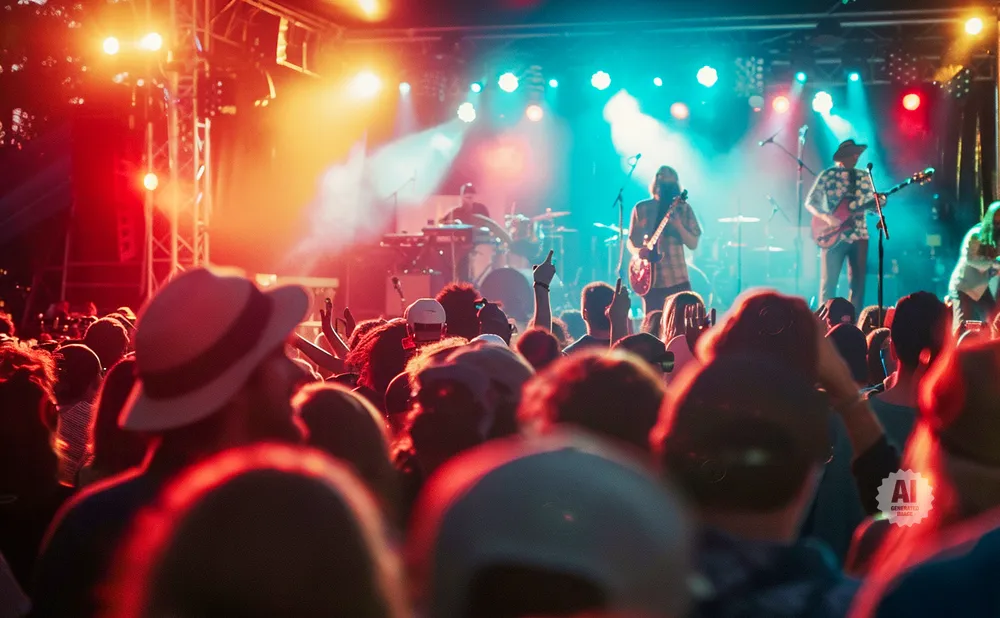 A crowd watches a band play on a brightly lit stage at night.