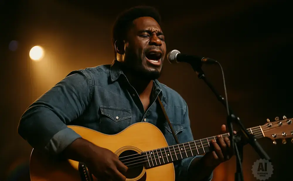 A Black man in a denim shirt sings into a microphone while playing an acoustic guitar.
