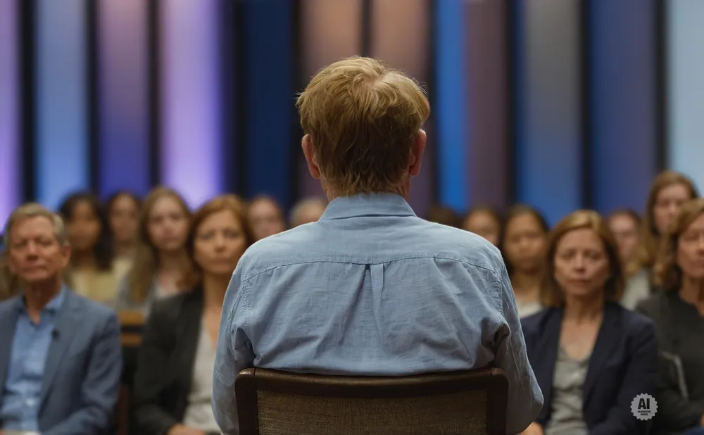 Man in blue shirt facing away from camera, audience in background.
