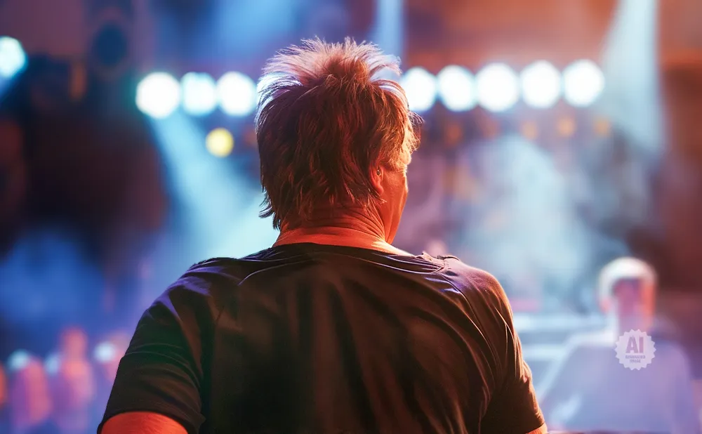 Back of a person's head and shoulders at a concert, facing stage lights.